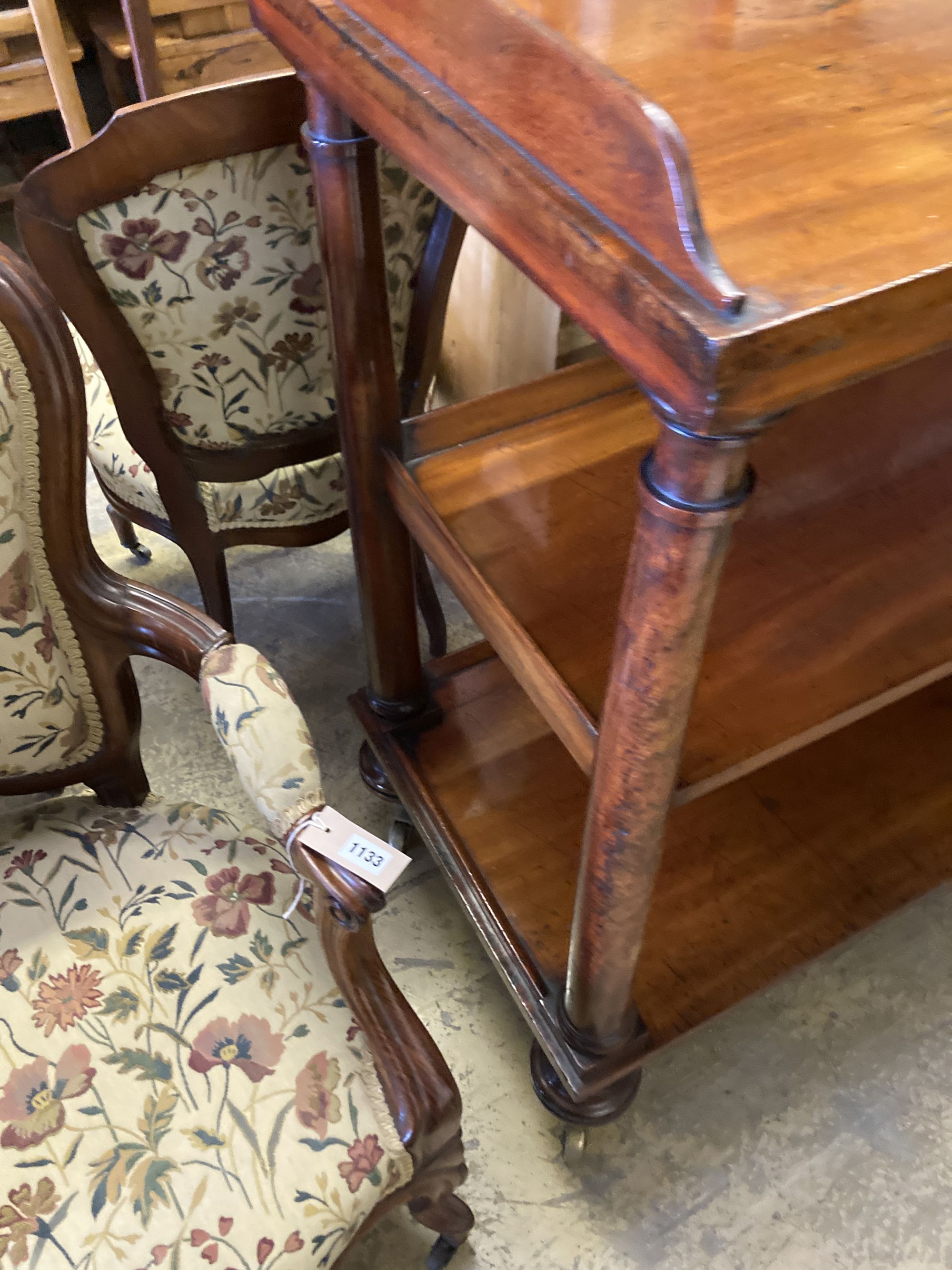 A Victorian mahogany three tier buffet, length 122cm, depth 53cm, height 110cm